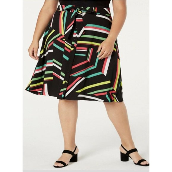 Bar III Womens Multi Colored Belted Button Front Printed A-Line Skirt Size 20W - Picture 1 of 5